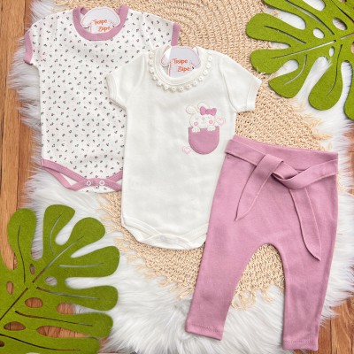 Conj. de Malha 3 peças - Coelhinha no Bolsinho - Uva e Off White